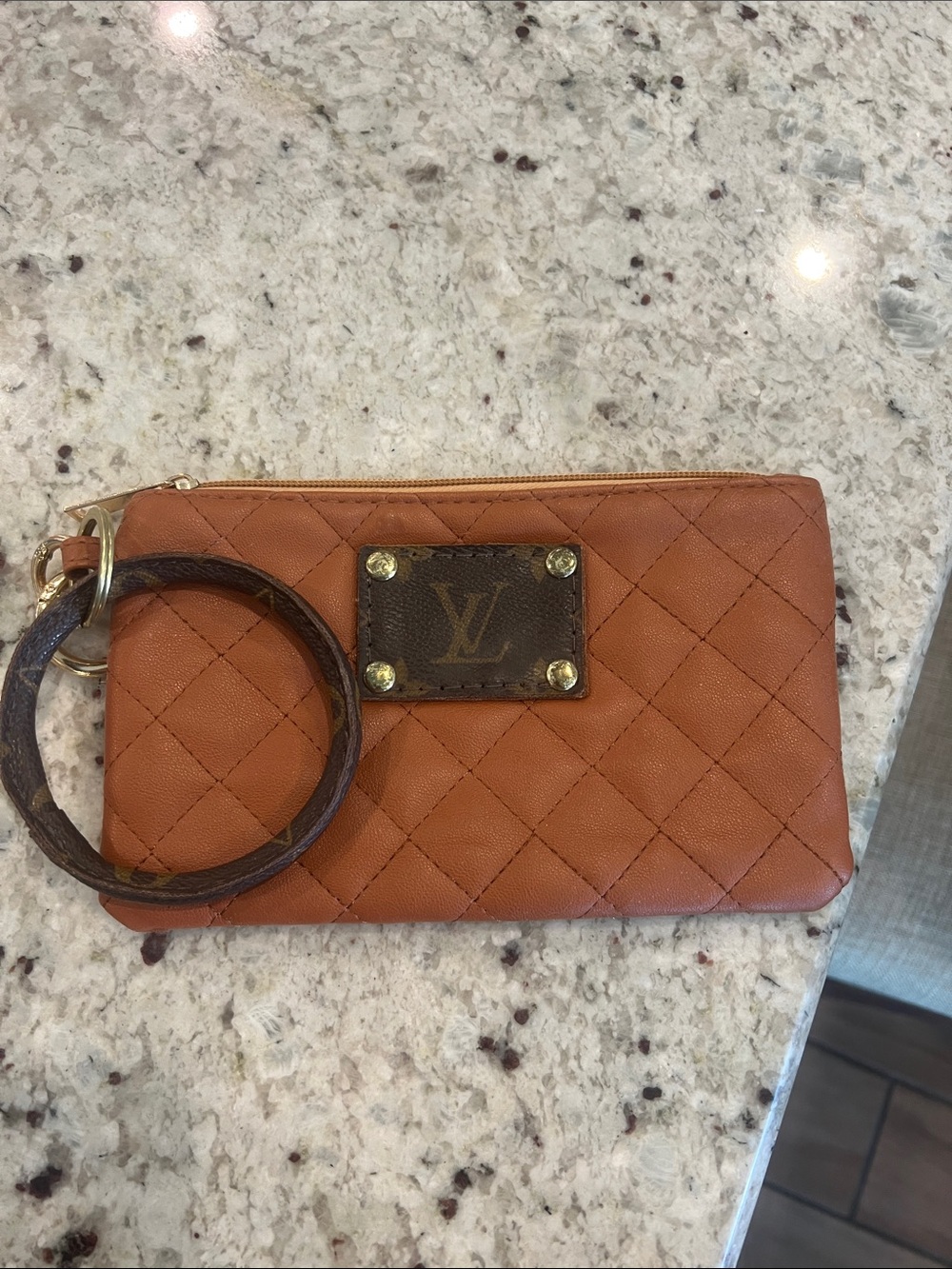 Leather Quilted Wristlet Pouch in Cognac